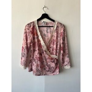 Vintage Nine West Wrap Top Y2K Large Pink Floral Lace Trim Long Sleeve Blouse